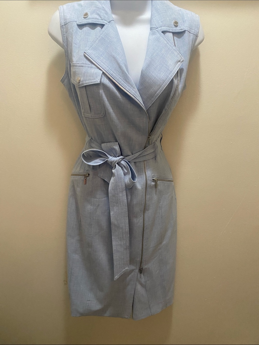 Calvin Klein Light Blue Sleeveless Zip Belted Dress - Picture 4 of 8
